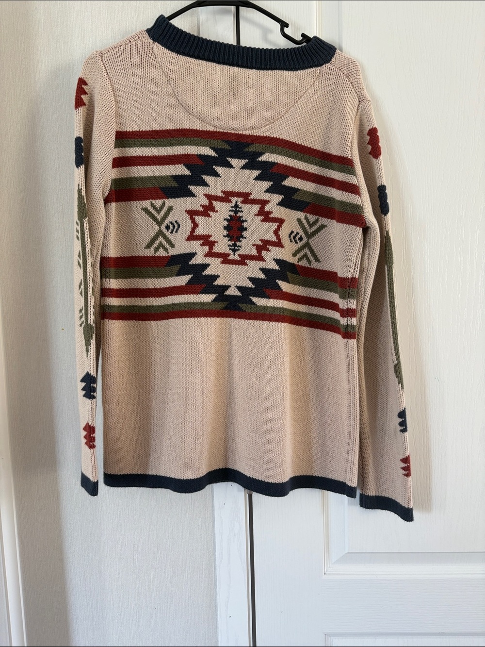 Neutral Aztec Crewneck Sweater with Multicolor Pattern